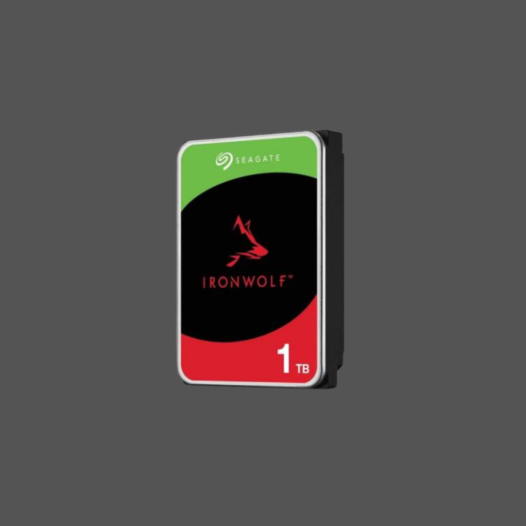 Seagate Ironwolf ST1000VN008 1TB 3.5" HDD NAS Drives; SATA 6GB/s Interface; 1-8 Bays Supported; MUT: 180TB/Year; RV: No; Dual Plane Balance: Yes; Error Recovery Control: Yes; 64MB cache; RPM 5900; 3 Year warranty