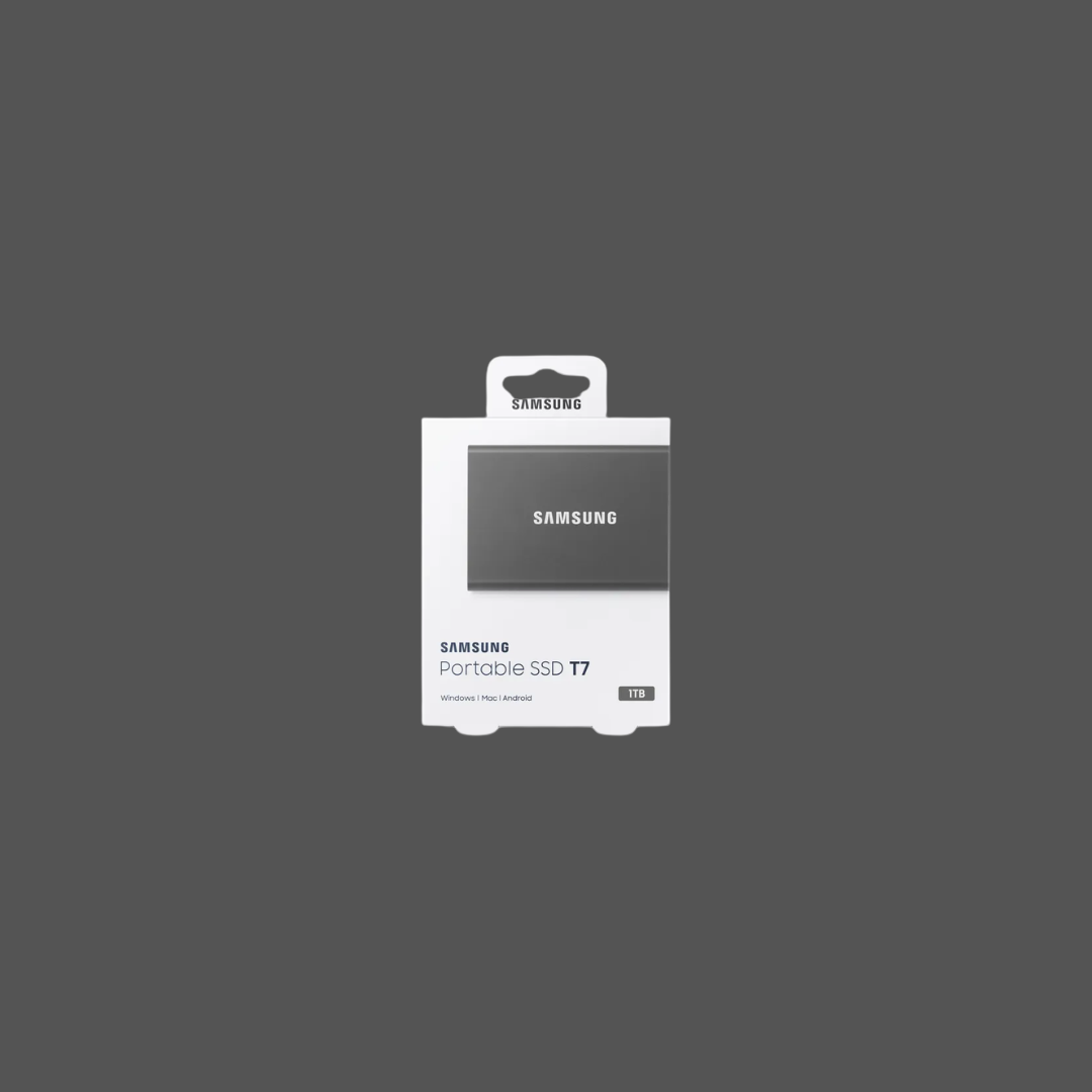 SAMSUNG MU-PC1T0T T7 Portable SSD 1 TB; Transfer speed up to 1050 MB/s; USB 3.2 (Gen2, 10Gbps) backwards compatible, AES 256-bit hardware encryption with optional password protection - Titan Grey