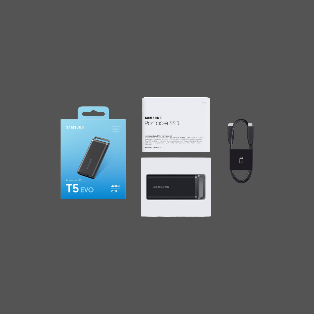 SAMSUNG T5 EVO Portable SSD 2TB; Transfer speed up to 460 MB/s; USB 3.2 (Gen1, 5Gbps) backwards compatible, AES 256-bit hardware encryption, Windows®, macOS®, Android™ Compatible Colour: Black